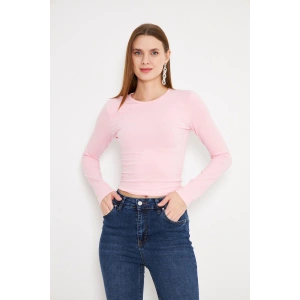 Crop Uzun Kol Elastanlı Tişört Pembe