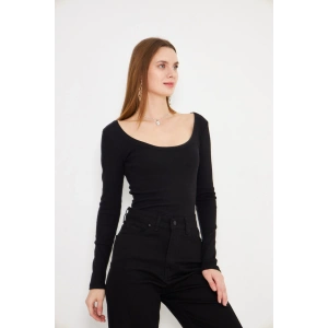 Fitilli Yuvarlak Yaka Uzun Kol Elastan Tişört Siyah