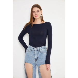 Kadın Kayık Yaka Büzgülü Uzun Kollu Tişört Lacivert