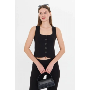 Kadın Siyah Çelik Interlok Kare Yaka Düğmeli Crop Yelek Şık Fit Kesim