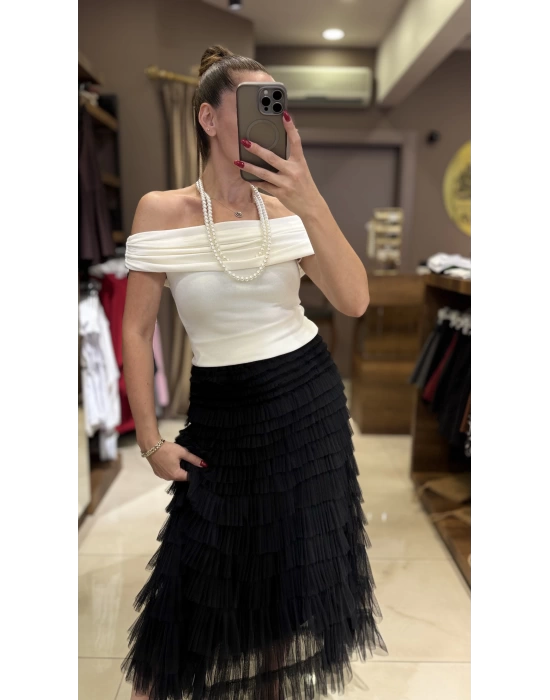 BARDOT YAKA METAL DETAY BLUZ - BEYAZ