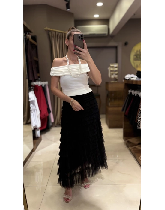 BARDOT YAKA METAL DETAY BLUZ - BEYAZ
