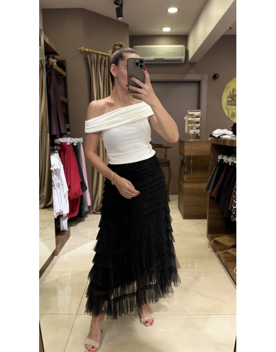 BARDOT YAKA METAL DETAY BLUZ - BEYAZ