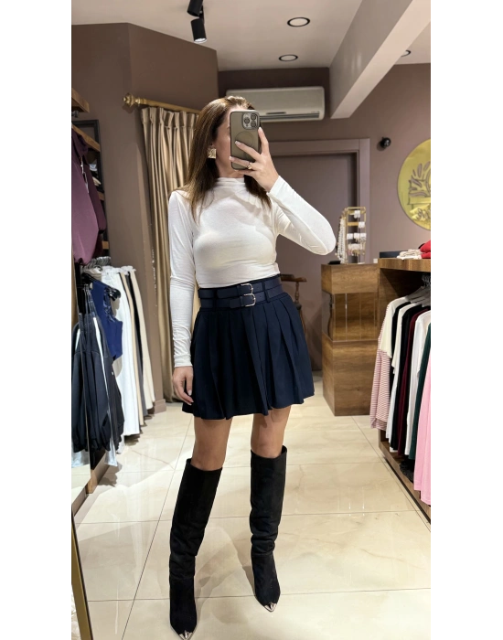 PİLİLİ ÇİFT KEMERLİ ETEK - LACİVERT