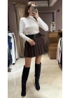 PİLİLİ ÇİFT KEMERLİ ETEK - KAHVERENGİ