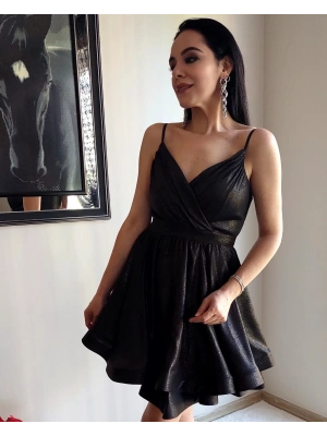 ASKILI ETEK VOLANLI ELBİSE - SİYAH