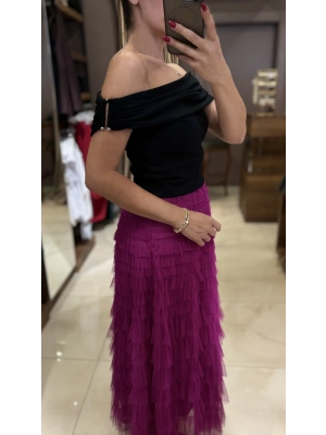 BARDOT YAKA METAL DETAY BLUZ - SİYAH