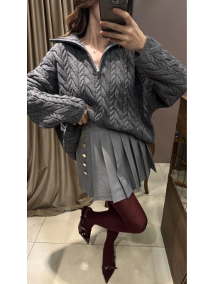 DÜĞMELİ PİLELİ MİNİ ETEK - GRİ