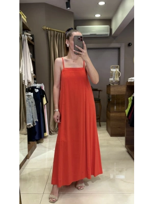 KARE YAKA ASKILI ELBİSE - TURUNCU