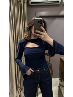 ÖNÜ BÜZGÜLÜ BLUZ - LACİVERT
