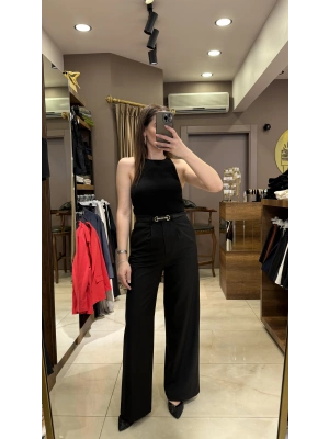 PİLELİ PALAZZO PANTOLON - SİYAH