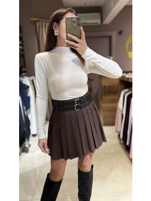 PİLİLİ ÇİFT KEMERLİ ETEK - KAHVERENGİ