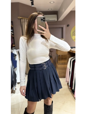 PİLİLİ ÇİFT KEMERLİ ETEK - LACİVERT