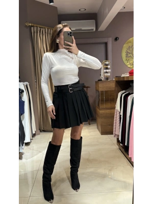 PİLİLİ ÇİFT KEMERLİ ETEK - SİYAH