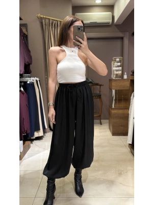 SATEN LASTİKLİ PANTOLON - SİYAH