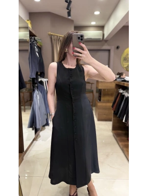 SIRT BAĞCIKLI KLOŞ ELBİSE - SİYAH