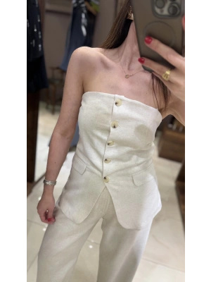 STRAPLEZ KETEN BLUZ - EKRU