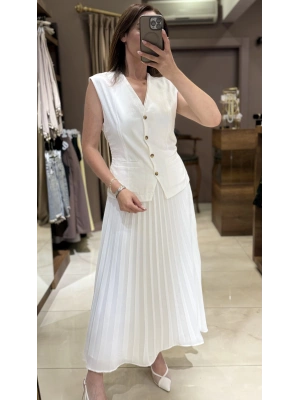 YELEKLİ PİLİSELİ ELBİSE - BEYAZ