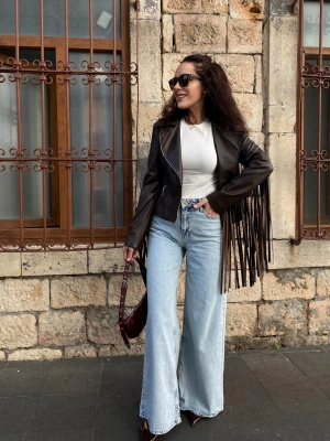 DERİ PÜSKÜLLÜ CEKET - KAHVERENGİ