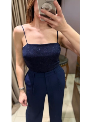 İP ASKILI PARLAK BLUZ - LACİVERT