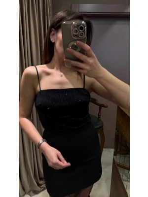 İP ASKILI PARLAK BLUZ - SİYAH