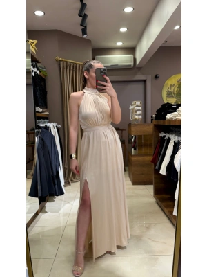 ÖNDEN YIRTMACLI ELBİSE - VİZON