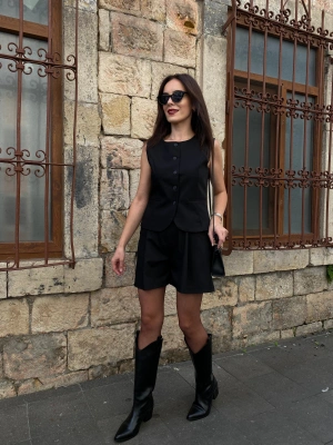 PENSLİ BERMUDA ŞORT - SİYAH