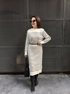 ZR MODEL ÇİZGİLİ TRİKO ELBİSE - BEYAZ