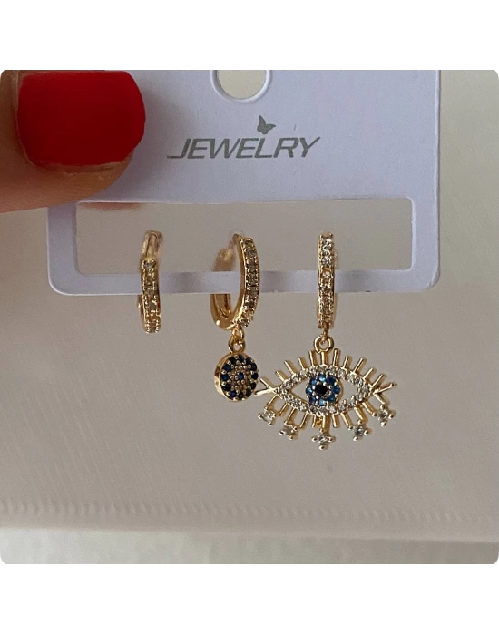 Üçlü set göz nazar gold renk küpe
