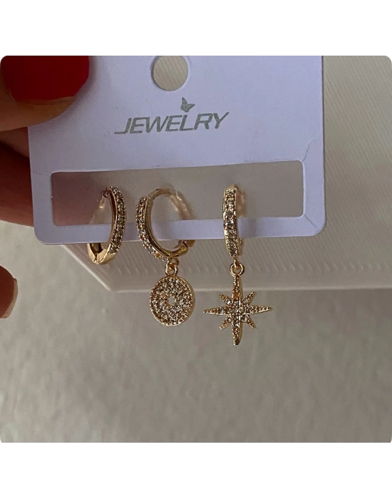 Üçlü set kutup yıldızı detay gold küpe