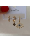 Üçlü set göz nazar gold renk küpe