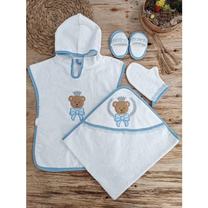 0-1 Yaş Bear Nakışlı Pareolu 4lü Erkek Bebek Havlu Silgi Takımı Mavi