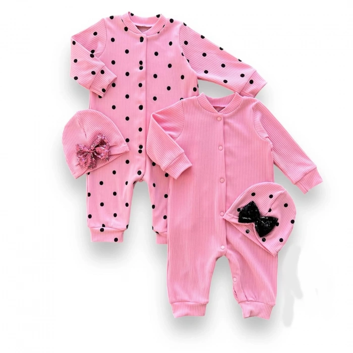 0-3 3-6 6-9 Ay Payetli Şapka Çıtçıt Kapamalı Puantiyeli Ve Düz 2 Li Kombin Kız Bebek Tulumları Pembe