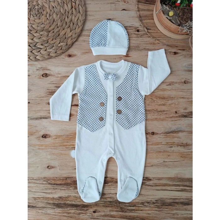 0-3 3-6 6-9 Ay Şapkalı Yelek Detaylı Boydan Çıtçıt Erkek Bebek Tulumu Ekru