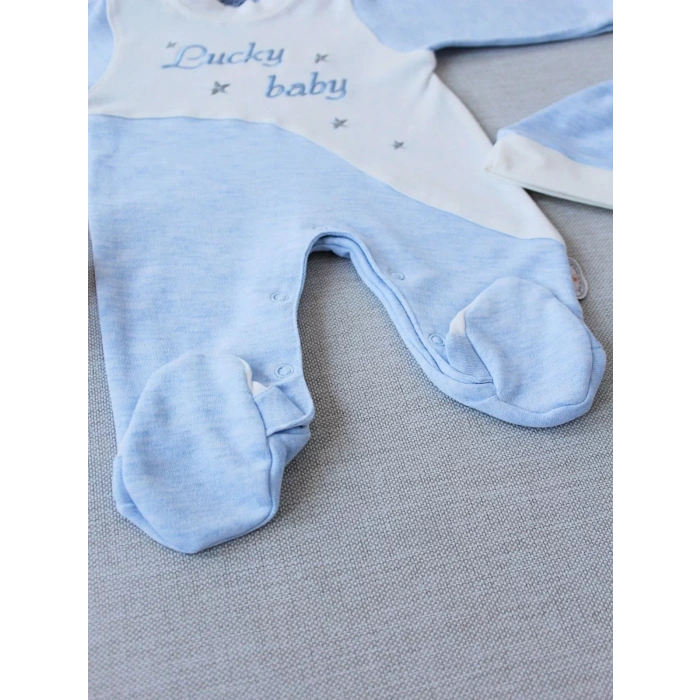 0-3 3-6 Ay Lucky Baby Nakışlı Es Çizgi Boy Şapkalı Erkek Bebek Tulumu Mavi