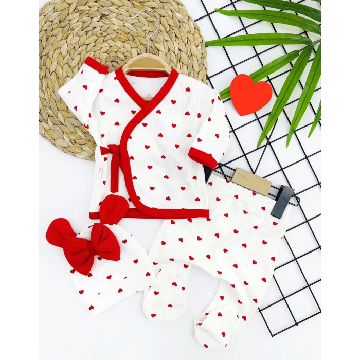 0-3 Ay Piti Kalp Desenli Şapkalı Patikli 3lü Kız Bebek Takımı Ekru