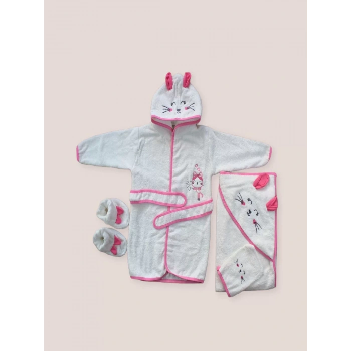 0-6 Ay Kedicik Nakışlı Bornozlu 5li Kız Bebek Havlu Silgi Takımı Fuşya