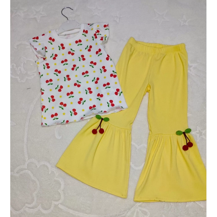 1-2-3-4 Yaş Kiraz Baskılı Tişört İspanyol Paçalı Likralı 2li Kız Çocuk Takımı Sarı