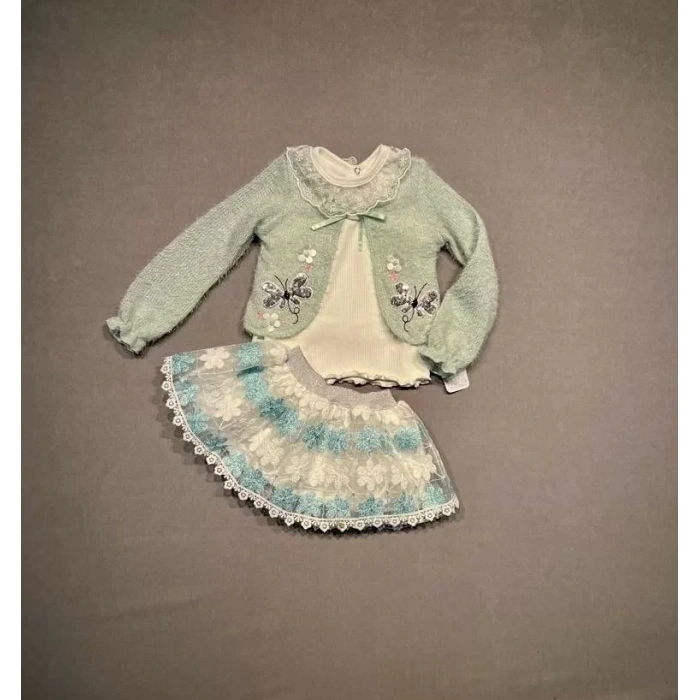 1-2-3 Yaş Brode Etekli Örme Hırkalı Uzun Kollu Sweat 3lü Kız Çocuk Takımı Su Yeşili