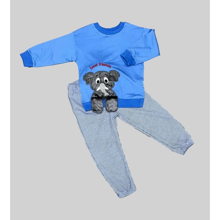 1-2-3 Yaş Filli Sallanan Ayak Desenli Likra Penye Kumaş Sweat Pantolonlu Kız Erkek 2li Çocuk Takımı İndigo