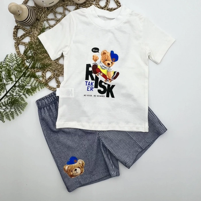 1-2-3 Yaş Kaykaycı Ayı Baskılı Şortlu Kısa Kollu Tişört 2li Erkek Bebek Takımı İndigo