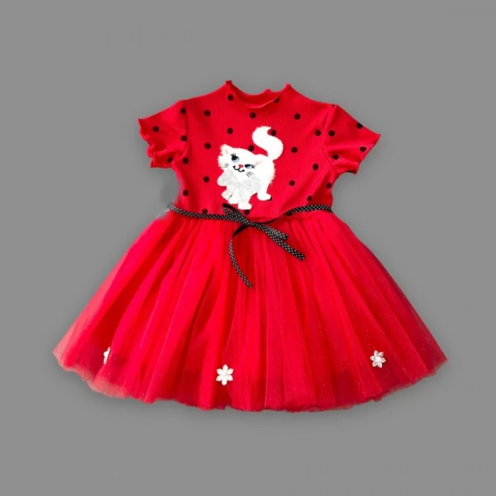1-2-3 Yaş Payetli Kedicik Baskılı Puantiyeli Kız Bebek Elbisesi Kırmızı