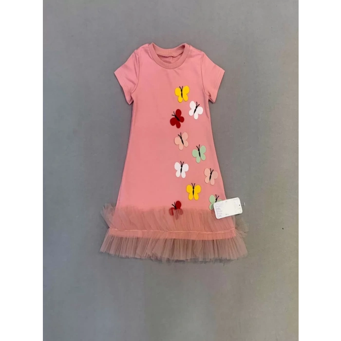 1-2-3 Yaş Renkli Kelebekler Nakışlı Eteği Fırfırlı Jile Çocuk Elbisesi Gül Kurusu