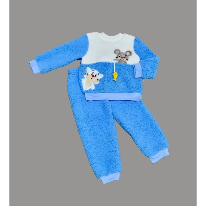 1-2-3 Yaş Sallanan Balık Nakışlı Kuzu Kumaş Sweat Pantolon Uzun Kollu Kız Erkek 2 Li Takımı Saks Mavisi