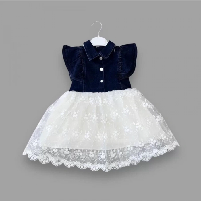 2-3-4 Yaş Astarlı Brode Etekli Kot Kumaş Düğmeli Kız Çocuk Elbisesi Lacivert