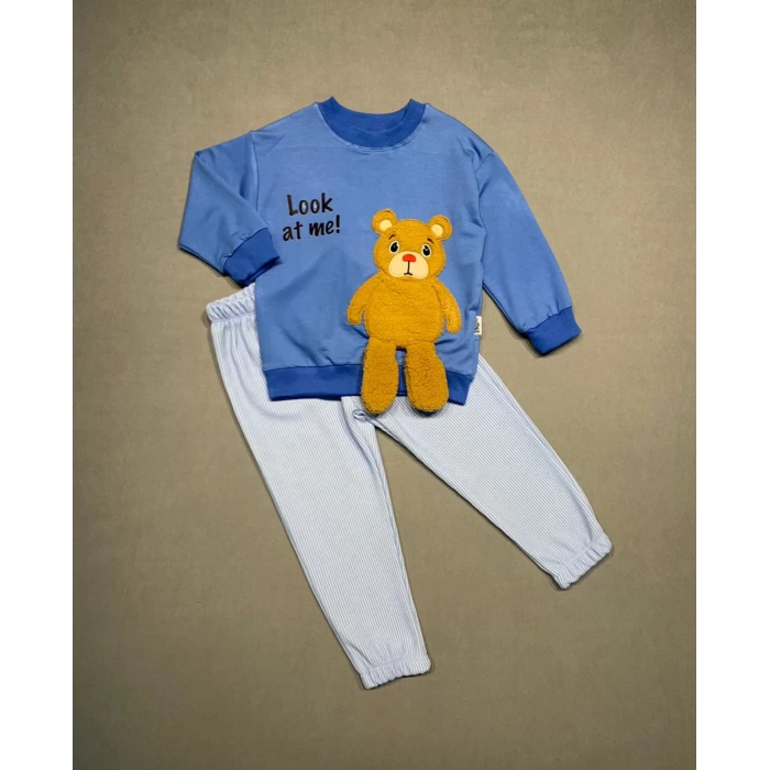 2-3-4 Yaş Ayıcık Sallanan Ayak Desenli Likra Penye Kumaş Sweat Pantolonlu Kız Erkek 2li Çocuk Takımı İndigo