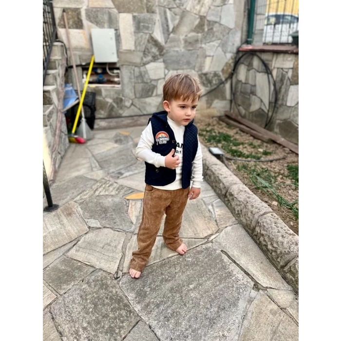 3-4-5 Yaş Fitilli Kadife Pantolon Kapitone Kapşonlu Yelek Uzun Kollu Sweat 3lü Erkek Çocuk Takımı Lacivert