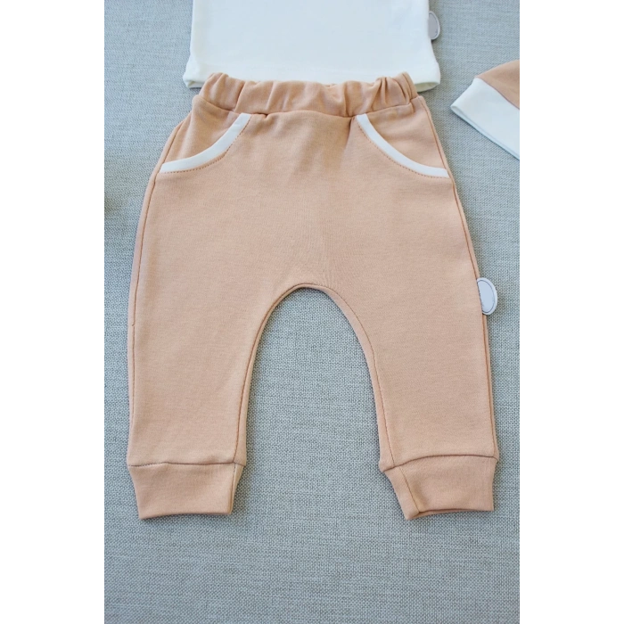 3-6 6-9 9-12 Ay Full Star Nakışlı Şapkalı Uzun Kollu Sweat 3lü Erkek Bebek Takımı Buğday