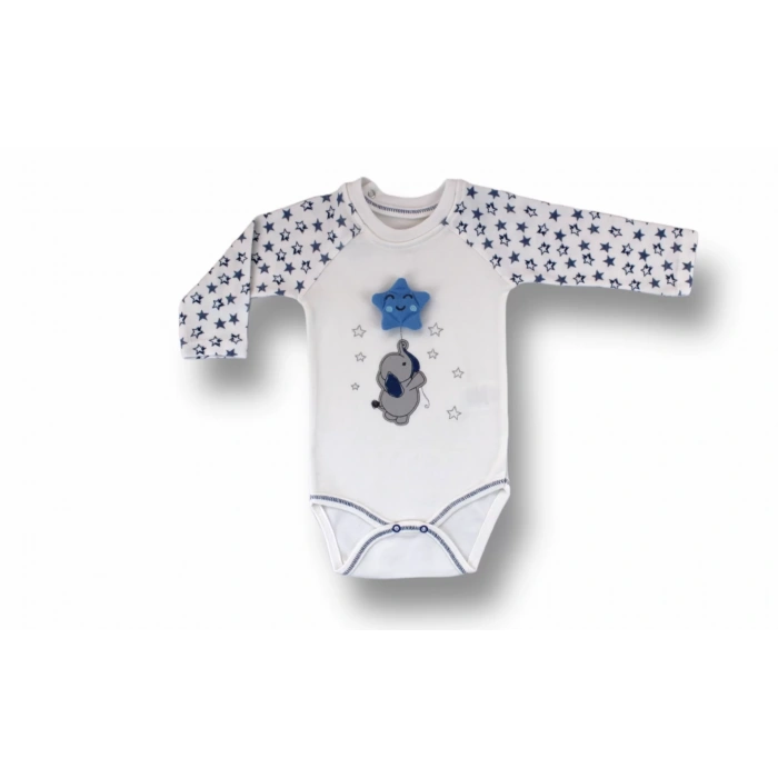 3-6 6-9 9-12 Ay Kutup Yıldızı Nakışlı Bandajlı Uzun Kollu Zıbınlı 3lü Erkek Bebek Takımı Ekru