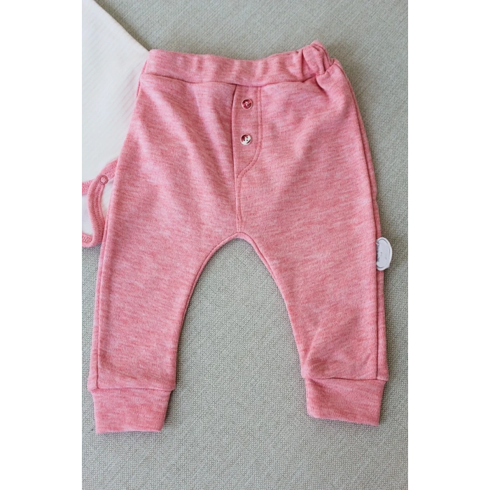 3-6 6-9 9-12 Ay Melanjlı Uzun Kollu Zıbınlı 2li Kız Bebek Takımı Pembe